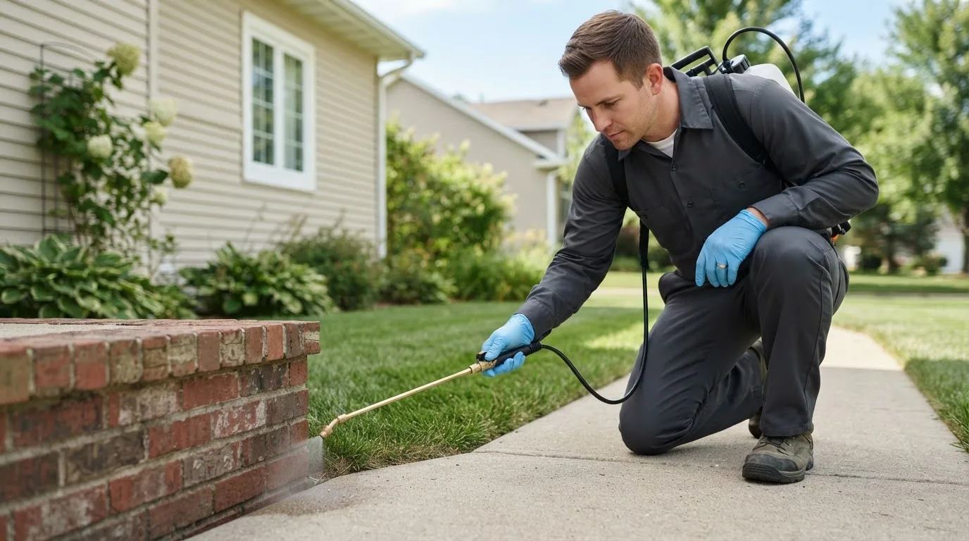 Pest control technician treating a home near Grinnell, KS