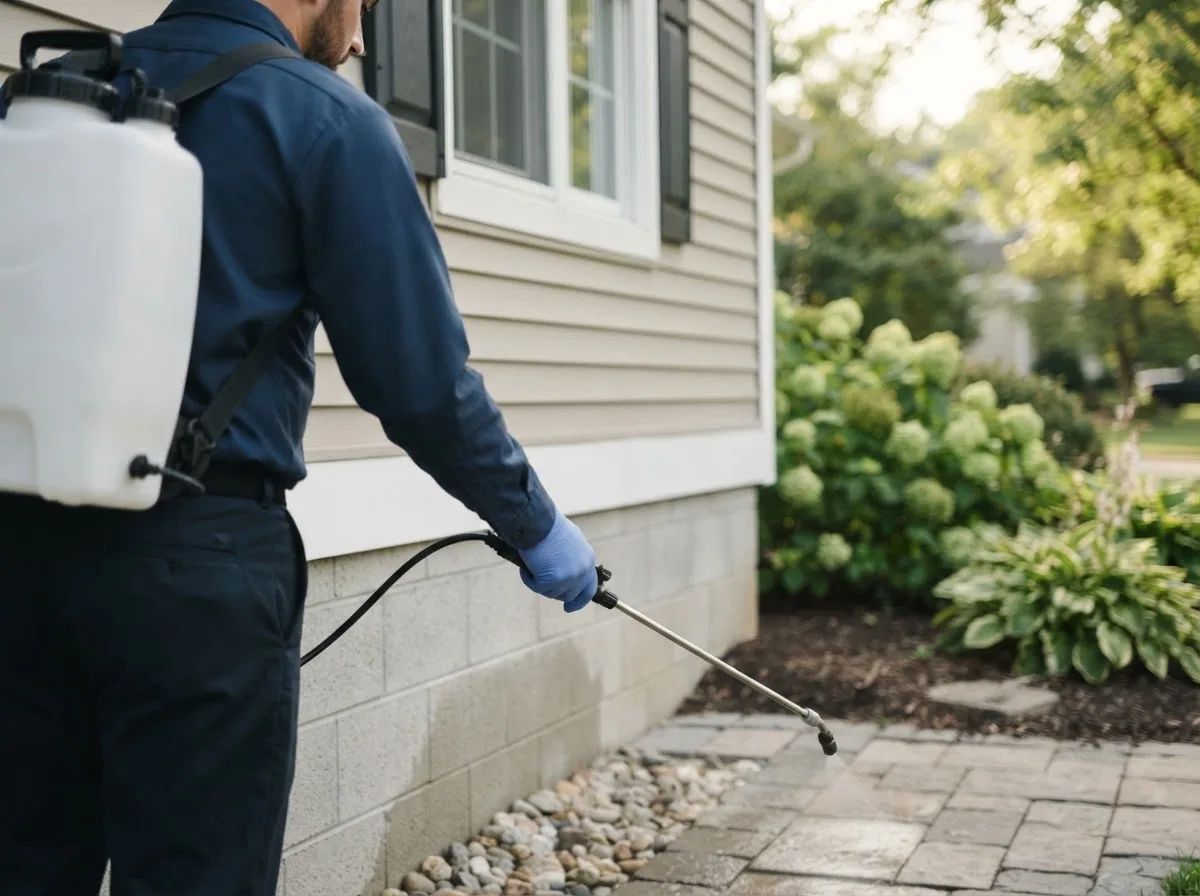 Pest control technician inspecting a home in Grinnell, KS